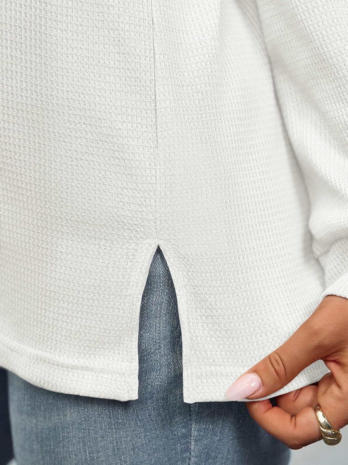 imageTankaneo Womens Waffle Knit Button Down Shirts Fall Dressy Casual Long Sleeve V Neck Blouse Loose Fit Work Tops ShacketWhite