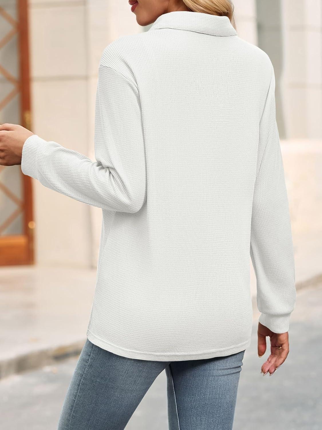 imageTankaneo Womens Waffle Knit Button Down Shirts Fall Dressy Casual Long Sleeve V Neck Blouse Loose Fit Work Tops ShacketWhite