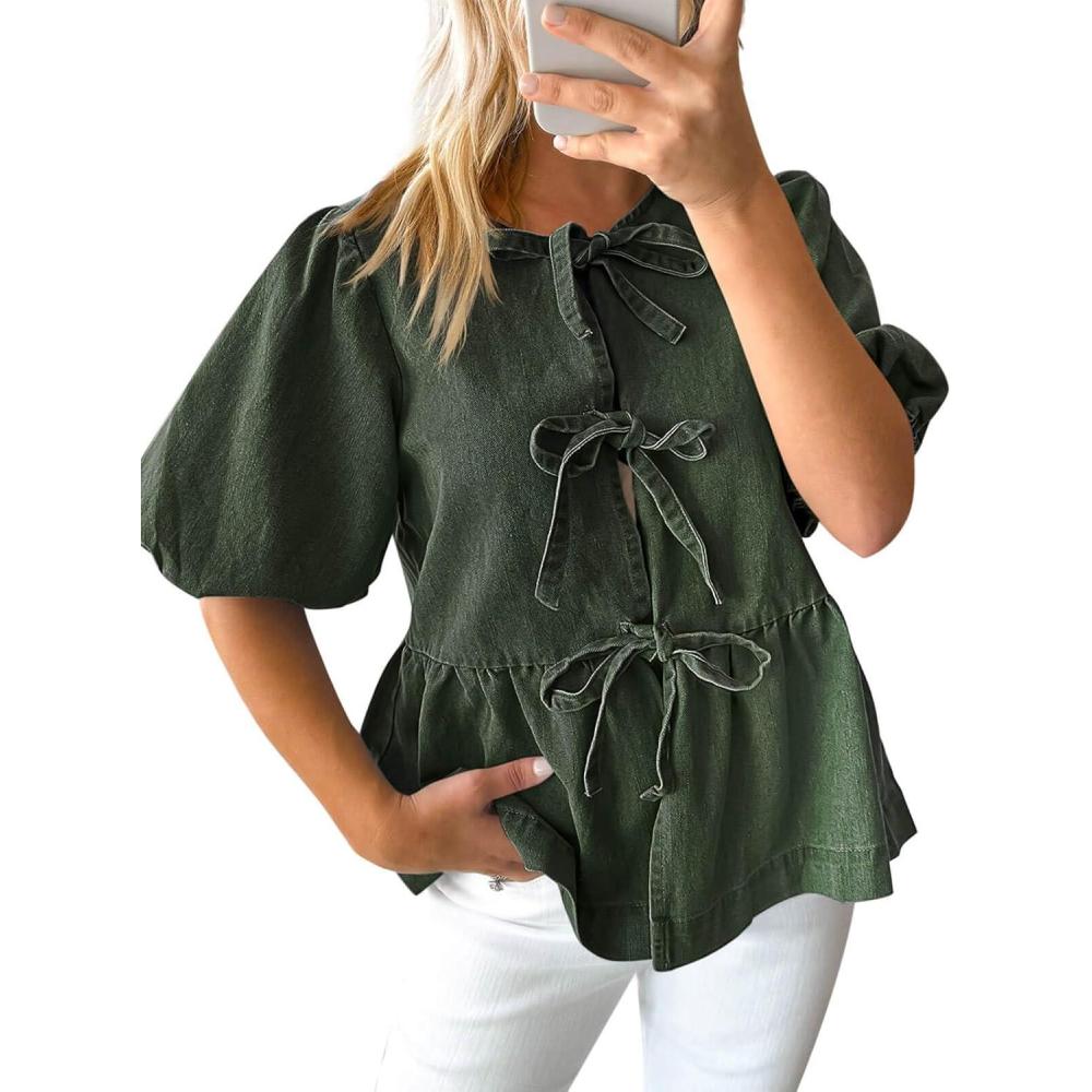 imageTankaneo Womens Denim Tie Front Tops Babydoll Peplum Puff Sleeve Jean Shirts Crew Neck Summer Casual Bow BlousesArmy Green