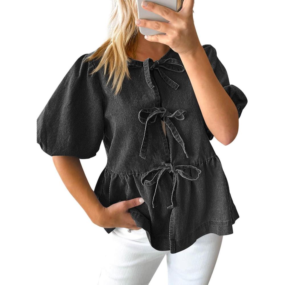 imageTankaneo Womens Denim Tie Front Tops Babydoll Peplum Puff Sleeve Jean Shirts Crew Neck Summer Casual Bow BlousesGrey