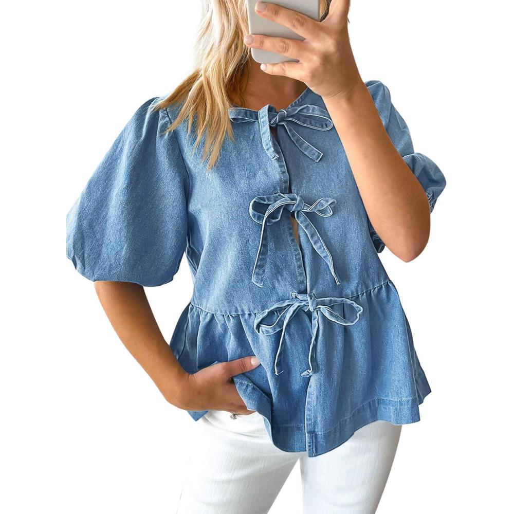 imageTankaneo Womens Denim Tie Front Tops Babydoll Peplum Puff Sleeve Jean Shirts Crew Neck Summer Casual Bow BlousesLight Blue