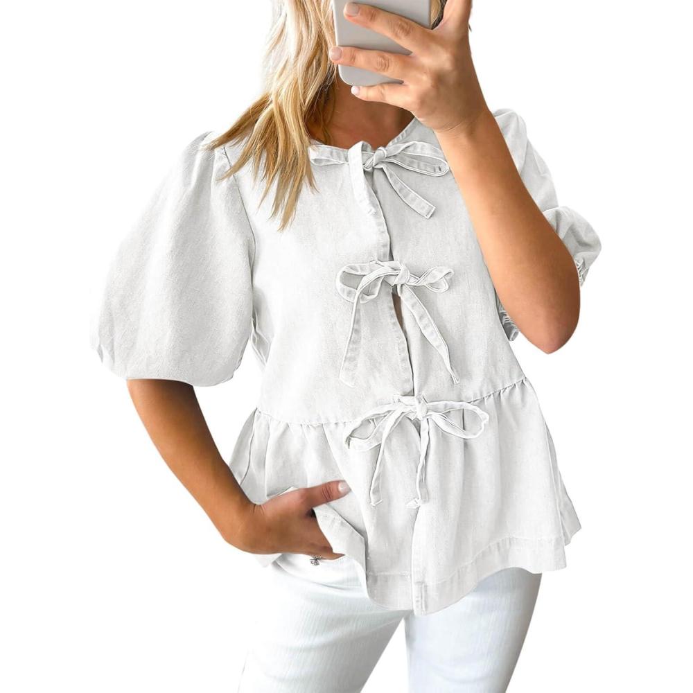 imageTankaneo Womens Denim Tie Front Tops Babydoll Peplum Puff Sleeve Jean Shirts Crew Neck Summer Casual Bow BlousesWhite