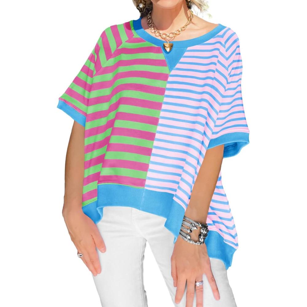 imageTankaneo Womens Oversized T Shirts Summer Short Sleeve Striped Color Block Loose Fit Tops 2025 Trendy ClothesBlue