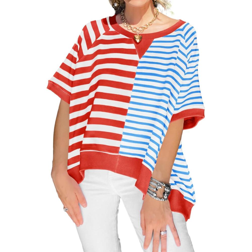 imageTankaneo Womens Oversized T Shirts Summer Short Sleeve Striped Color Block Loose Fit Tops 2025 Trendy ClothesRed