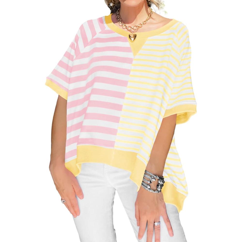 imageTankaneo Womens Oversized T Shirts Summer Short Sleeve Striped Color Block Loose Fit Tops 2025 Trendy ClothesYellow