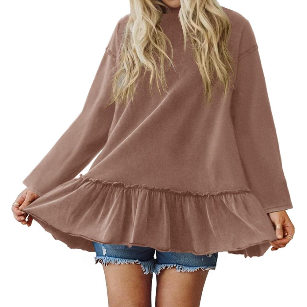 imageTankaneo Womens Peplum Babydoll Tops Oversized Tshirt Casual Long Sleeve Pleated Shirts Crew Neck Flowy Loose Fit Tunic TeesLight Brown
