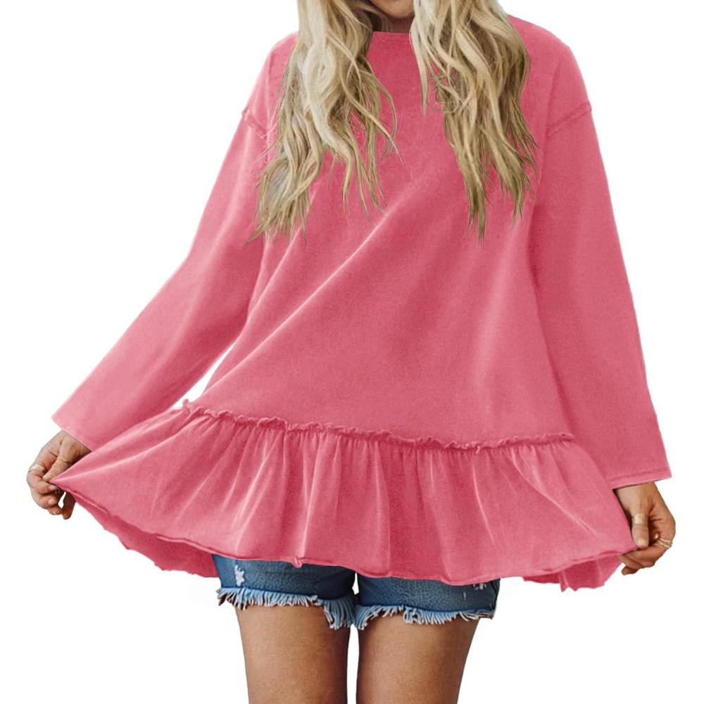 imageTankaneo Womens Peplum Babydoll Tops Oversized Tshirt Casual Long Sleeve Pleated Shirts Crew Neck Flowy Loose Fit Tunic TeesPink