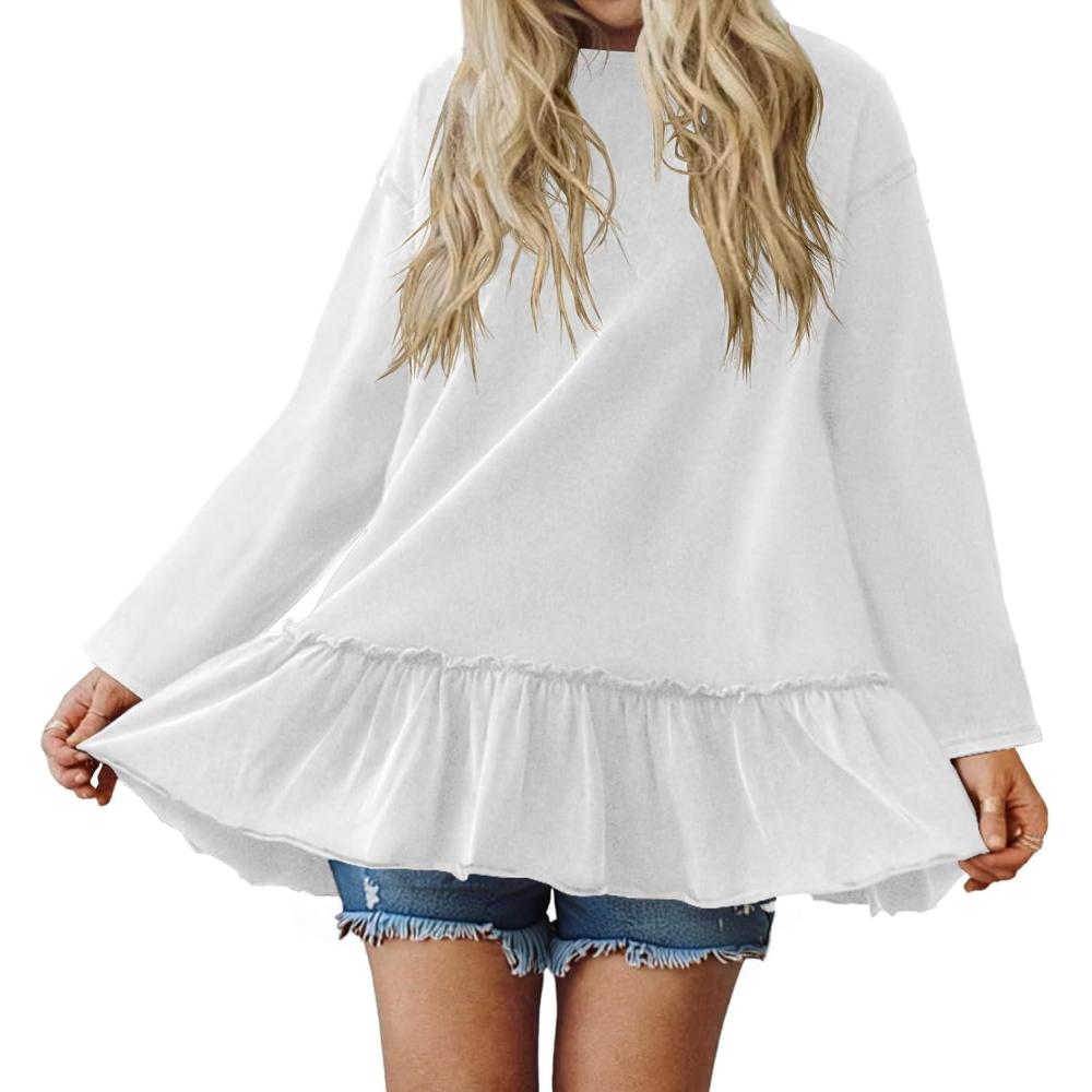 imageTankaneo Womens Peplum Babydoll Tops Oversized Tshirt Casual Long Sleeve Pleated Shirts Crew Neck Flowy Loose Fit Tunic TeesWhite