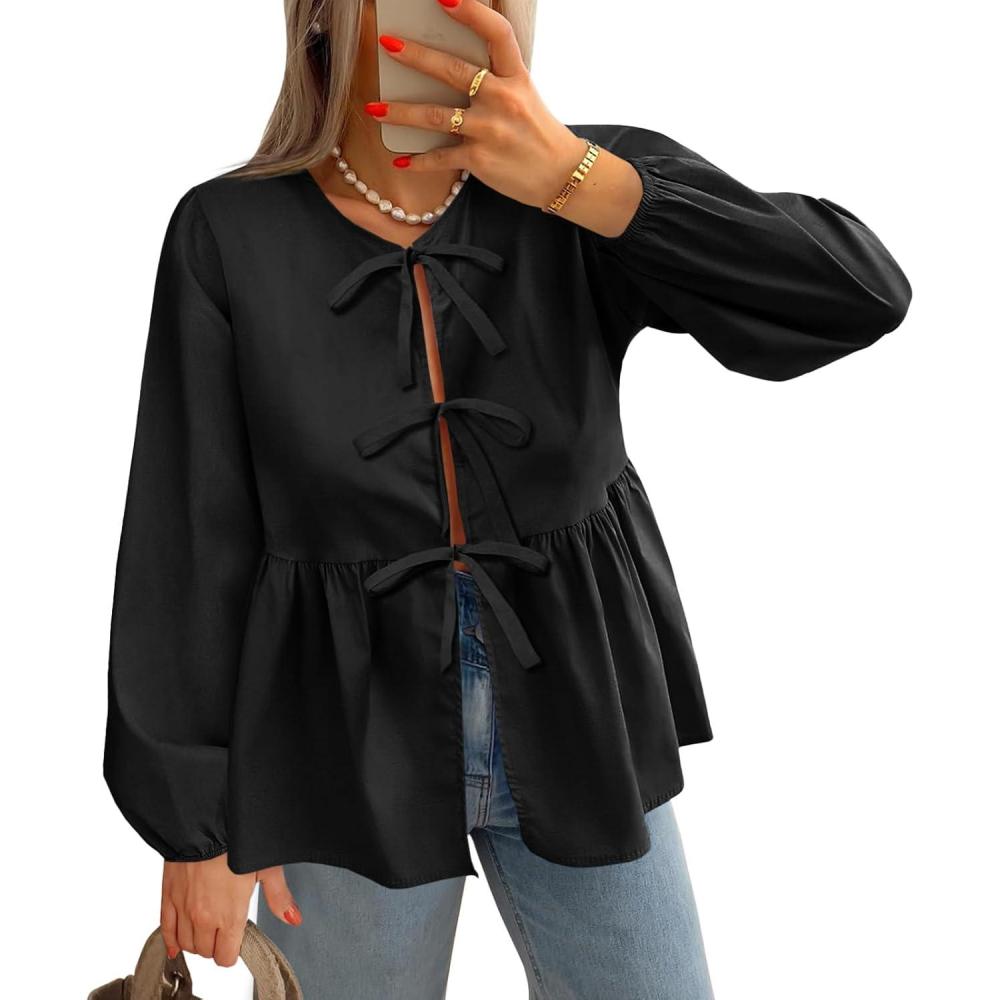 imageTankaneo Womens Tie Front Tops Blouses Long Puff Sleeve Peplum Babydoll Bow Shirt Summer Coquette Tops Black