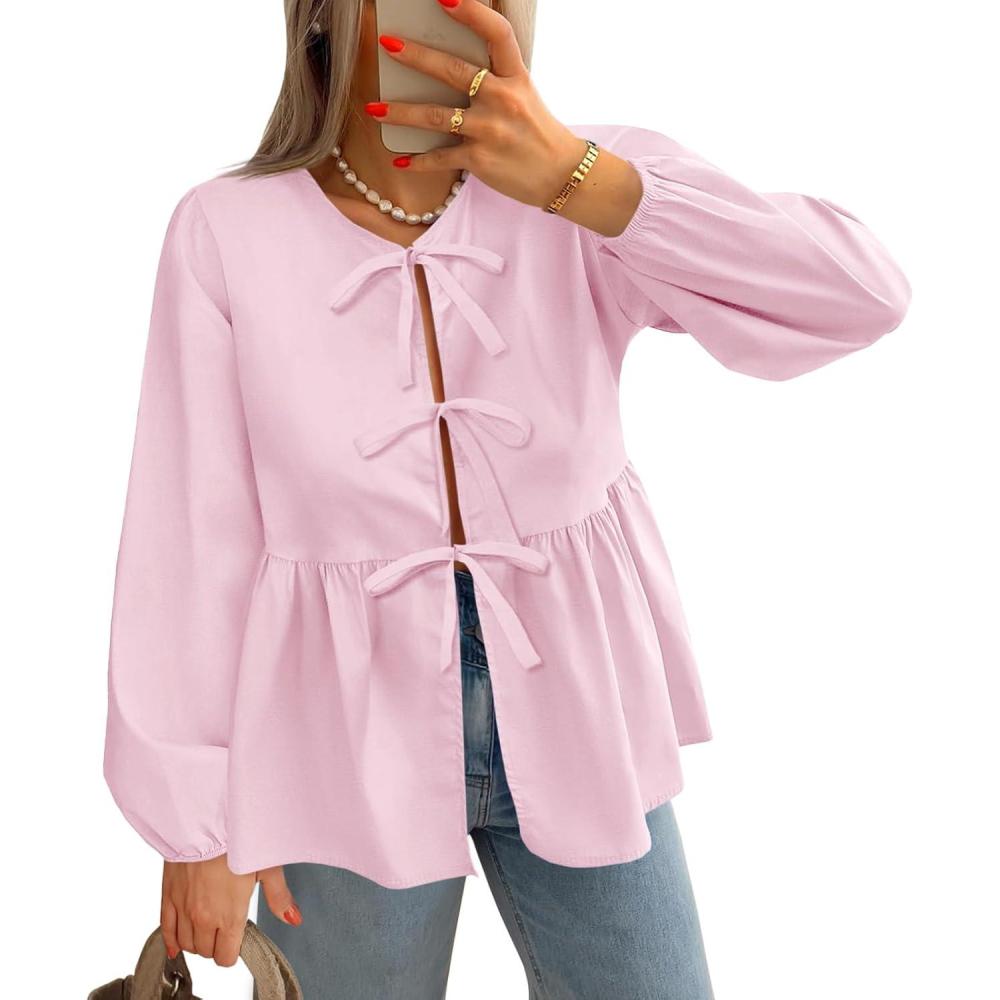 imageTankaneo Womens Tie Front Tops Blouses Long Puff Sleeve Peplum Babydoll Bow Shirt Summer Coquette Tops Pink