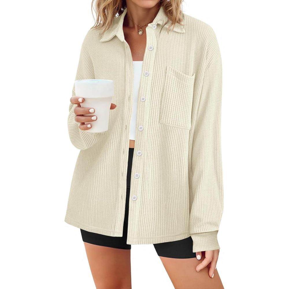 imageTankaneo Womens Waffle Knit Button Down Shirts Fall Dressy Casual Long Sleeve V Neck Blouse Loose Fit Work Tops ShacketBeige