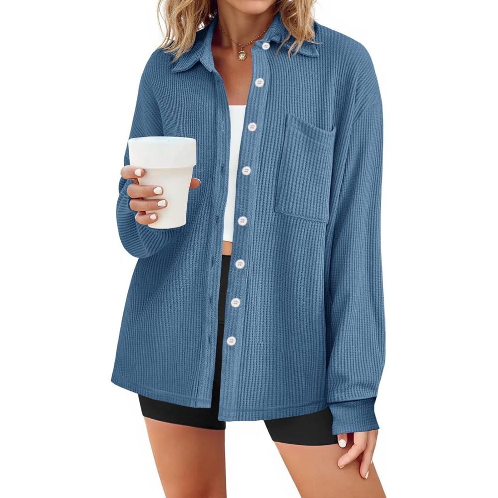 imageTankaneo Womens Waffle Knit Button Down Shirts Fall Dressy Casual Long Sleeve V Neck Blouse Loose Fit Work Tops ShacketBlue