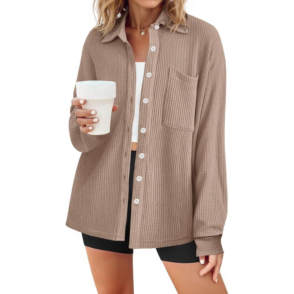 imageTankaneo Womens Waffle Knit Button Down Shirts Fall Dressy Casual Long Sleeve V Neck Blouse Loose Fit Work Tops ShacketKhaki
