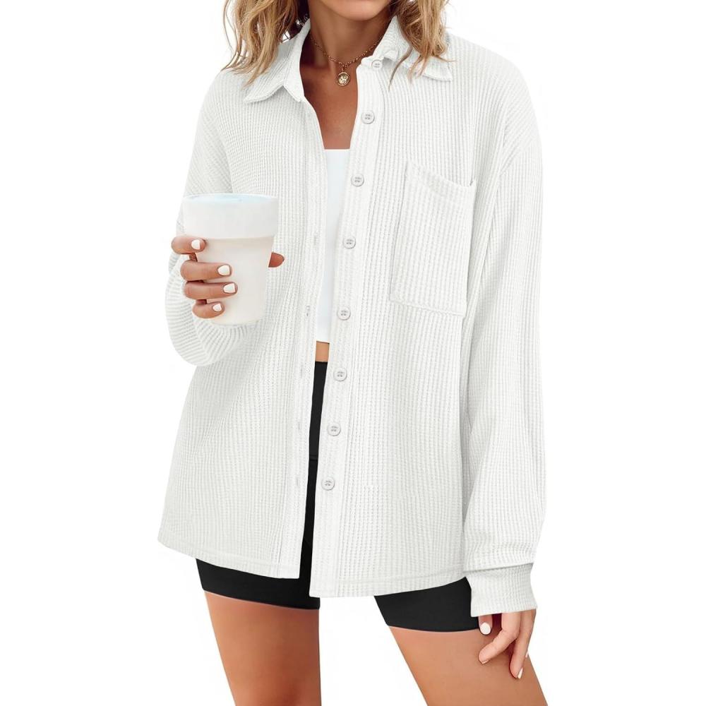 imageTankaneo Womens Waffle Knit Button Down Shirts Fall Dressy Casual Long Sleeve V Neck Blouse Loose Fit Work Tops ShacketWhite