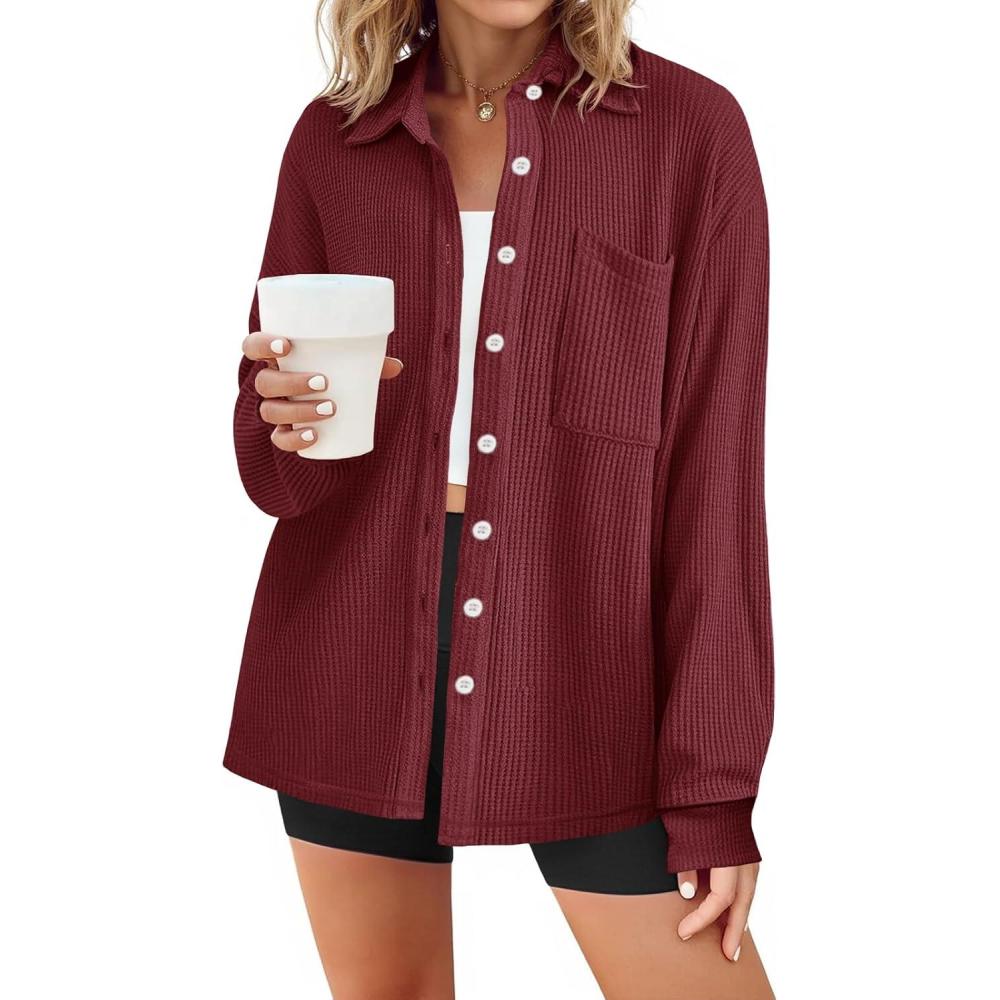 imageTankaneo Womens Waffle Knit Button Down Shirts Fall Dressy Casual Long Sleeve V Neck Blouse Loose Fit Work Tops ShacketWine Red