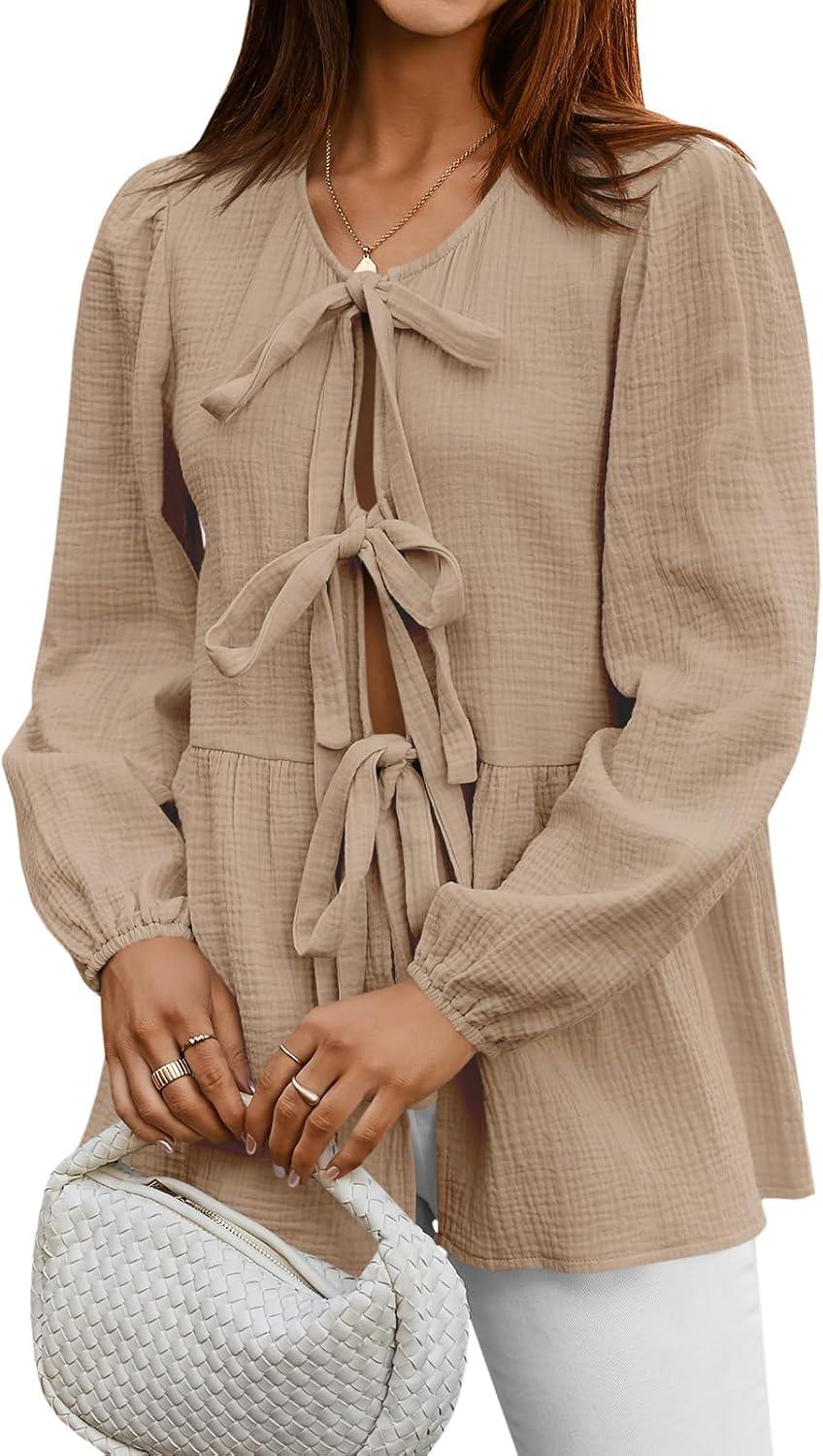 imageTankaneo Womens Bow Tie Front Tops Babydoll Puff Long Sleeve Blouse Y2k Cotton ShirtKhaki