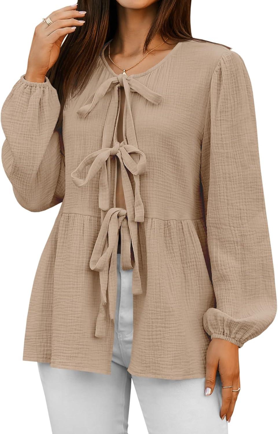 imageTankaneo Womens Bow Tie Front Tops Babydoll Puff Long Sleeve Blouse Y2k Cotton ShirtKhaki