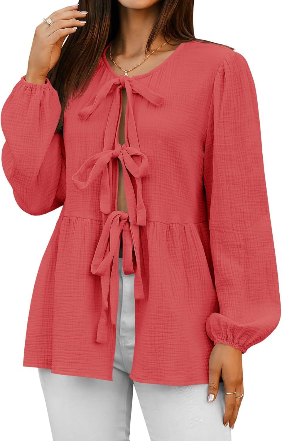 imageTankaneo Womens Bow Tie Front Tops Babydoll Puff Long Sleeve Blouse Y2k Cotton ShirtOrange Red