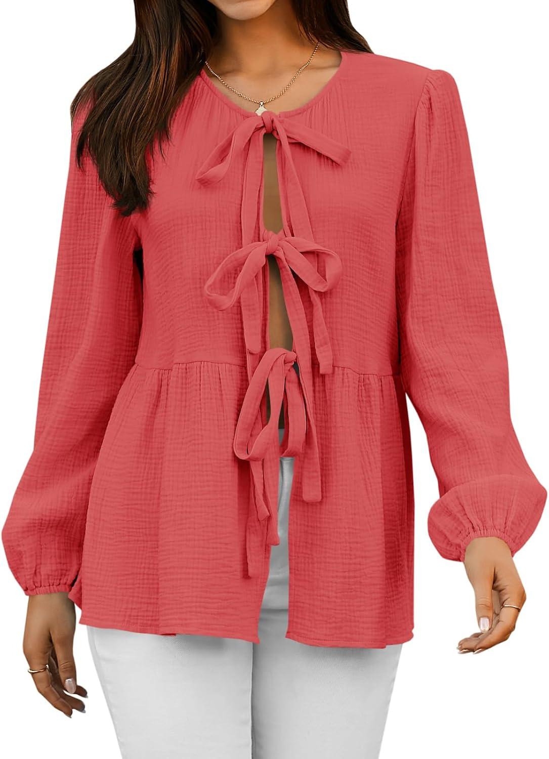 imageTankaneo Womens Bow Tie Front Tops Babydoll Puff Long Sleeve Blouse Y2k Cotton ShirtOrange Red