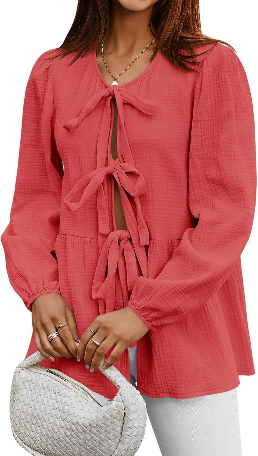 imageTankaneo Womens Bow Tie Front Tops Babydoll Puff Long Sleeve Blouse Y2k Cotton ShirtOrange Red