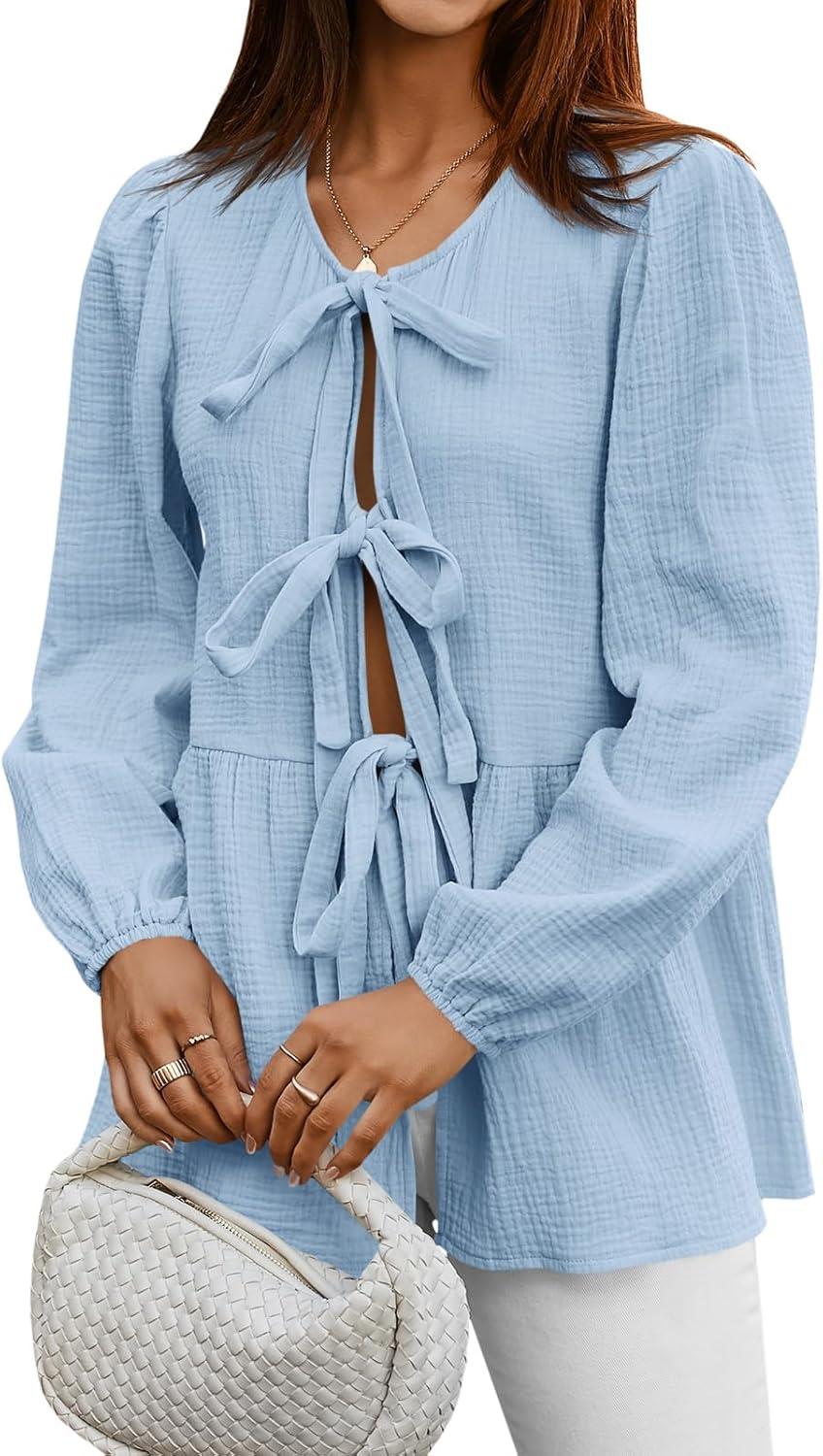 imageTankaneo Womens Bow Tie Front Tops Babydoll Puff Long Sleeve Blouse Y2k Cotton ShirtSky Blue