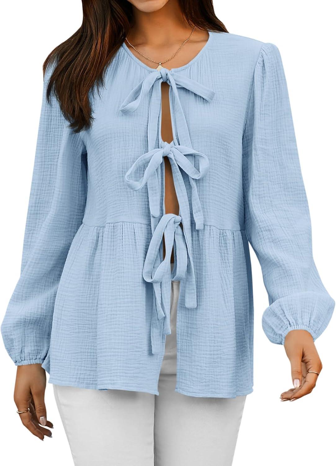 imageTankaneo Womens Bow Tie Front Tops Babydoll Puff Long Sleeve Blouse Y2k Cotton ShirtSky Blue