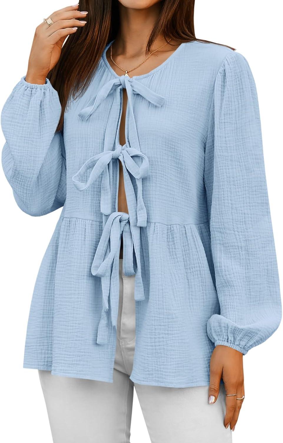 imageTankaneo Womens Bow Tie Front Tops Babydoll Puff Long Sleeve Blouse Y2k Cotton ShirtSky Blue