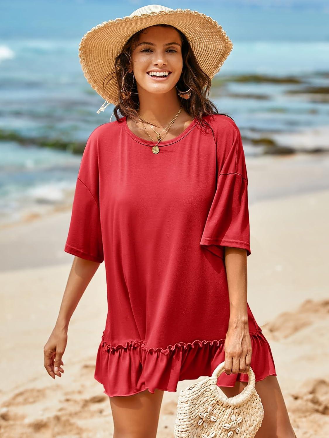 imageTankaneo Womens Peplum Oversized Tshirt Summer Flowy Casual Shirt Dress Crew Neck Pleated Babydoll Beach Tunic Tops Red