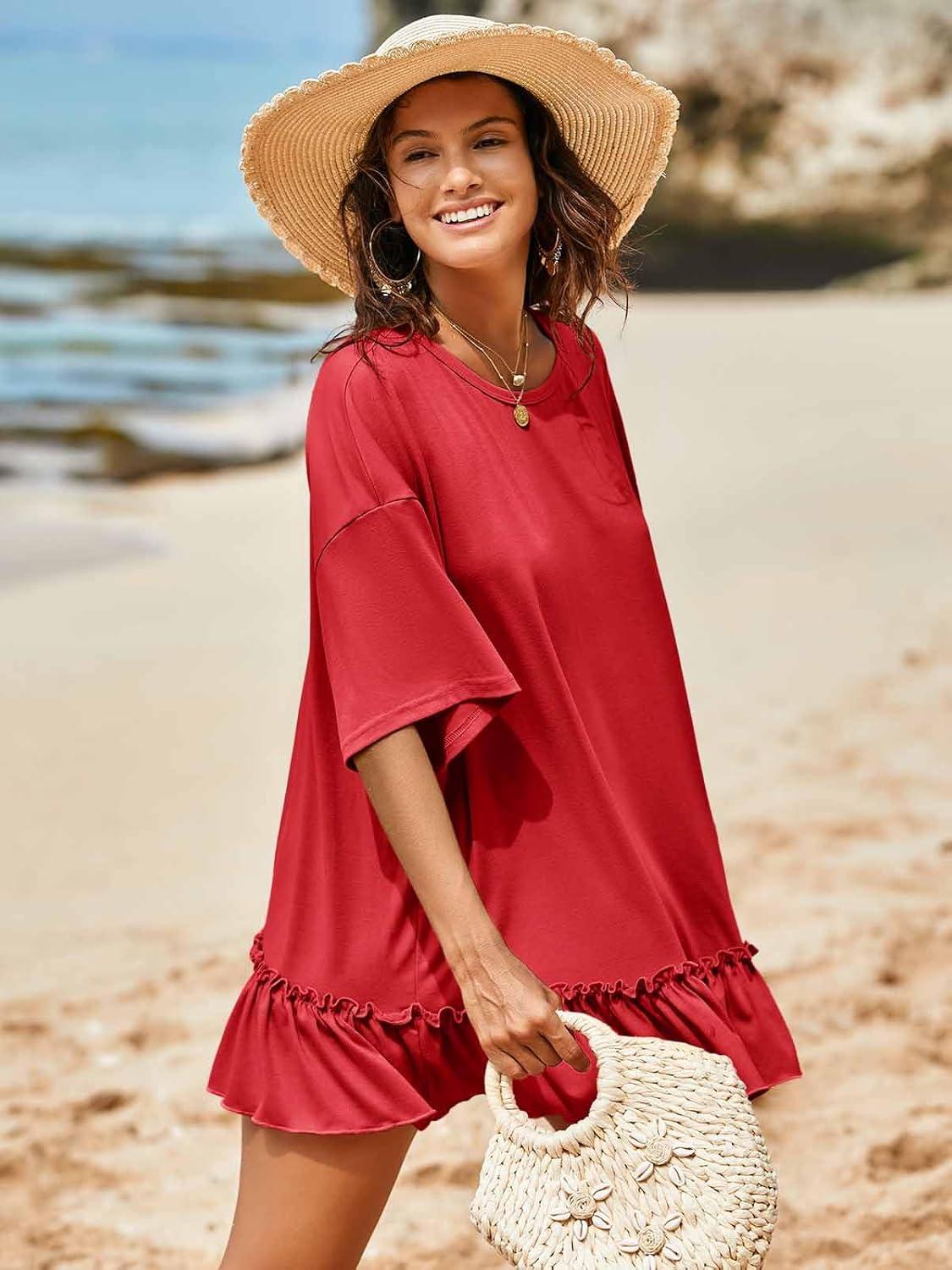 imageTankaneo Womens Peplum Oversized Tshirt Summer Flowy Casual Shirt Dress Crew Neck Pleated Babydoll Beach Tunic Tops Red