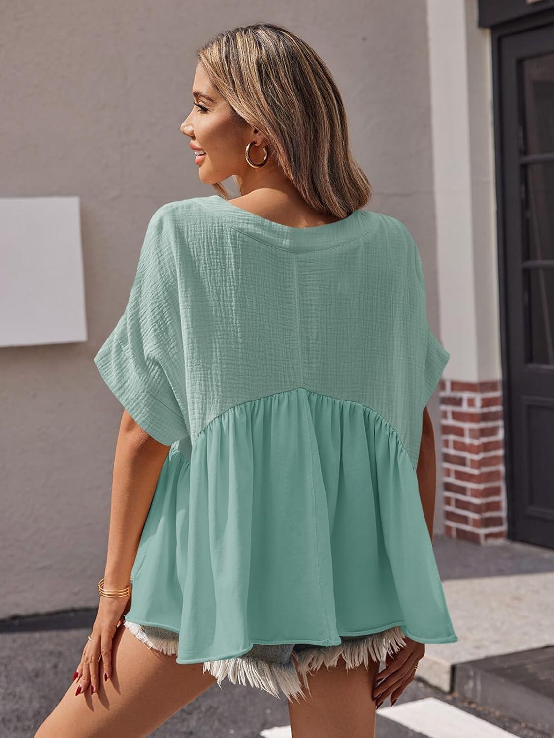 imageTankaneo Womens Summer Babydoll Tops V Neck Short Sleeve Pleated Flowy Shirts Casual Loose Fit Peplum BlouseMint Color