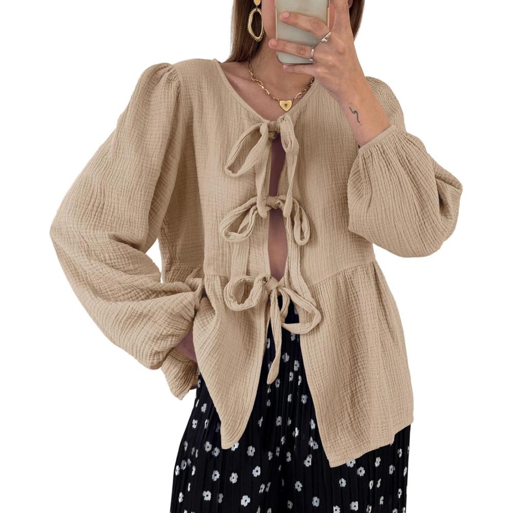 imageTankaneo Womens Bow Tie Front Tops Babydoll Puff Long Sleeve Blouse Y2k Cotton ShirtKhaki
