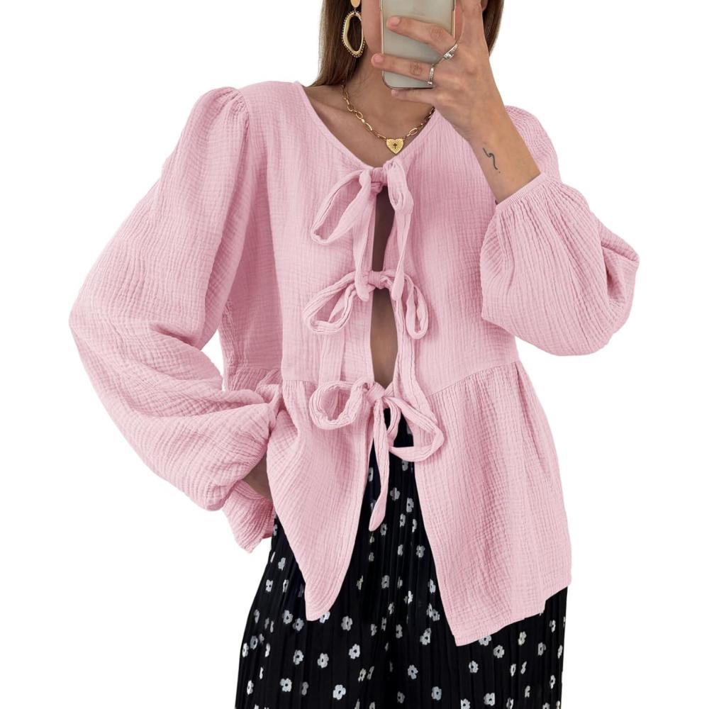 imageTankaneo Womens Bow Tie Front Tops Babydoll Puff Long Sleeve Blouse Y2k Cotton ShirtPink