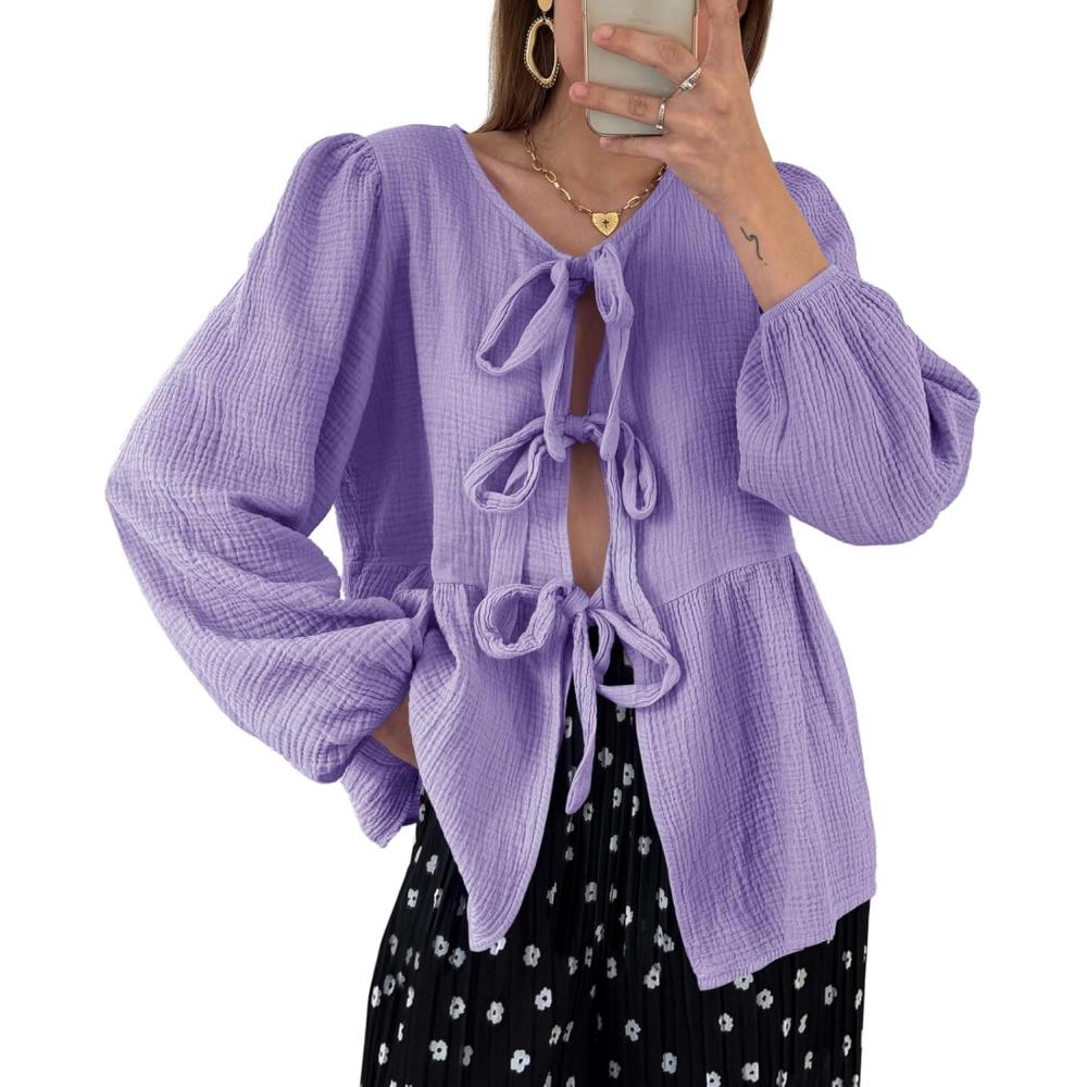 imageTankaneo Womens Bow Tie Front Tops Babydoll Puff Long Sleeve Blouse Y2k Cotton ShirtPurple