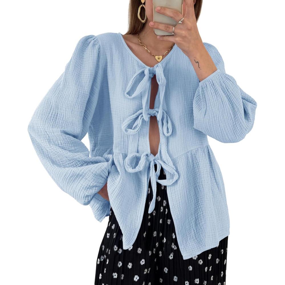 imageTankaneo Womens Bow Tie Front Tops Babydoll Puff Long Sleeve Blouse Y2k Cotton ShirtSky Blue