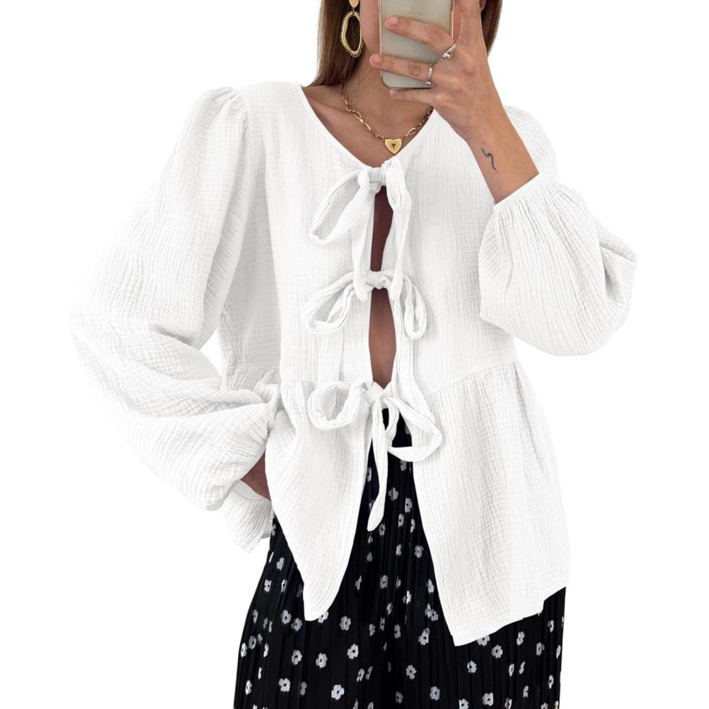 imageTankaneo Womens Bow Tie Front Tops Babydoll Puff Long Sleeve Blouse Y2k Cotton ShirtWhite