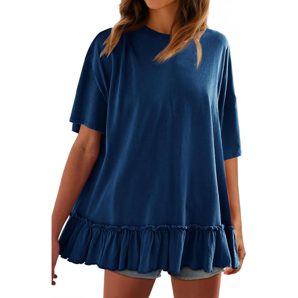 imageTankaneo Womens Peplum Oversized Tshirt Summer Flowy Casual Shirt Dress Crew Neck Pleated Babydoll Beach Tunic Tops Navy