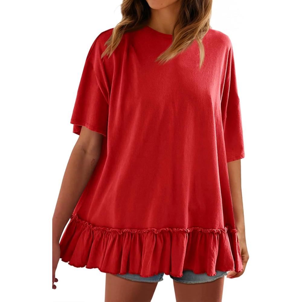 imageTankaneo Womens Peplum Oversized Tshirt Summer Flowy Casual Shirt Dress Crew Neck Pleated Babydoll Beach Tunic Tops Red