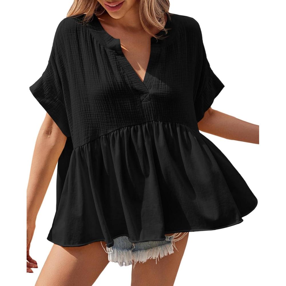 imageTankaneo Womens Summer Babydoll Tops V Neck Short Sleeve Pleated Flowy Shirts Casual Loose Fit Peplum BlouseBlack