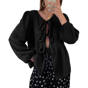 Tankaneo Womens Bow Tie Front Tops Babydoll Puff Long Sleeve Blouse Y2k Cotton Shirt(Black)