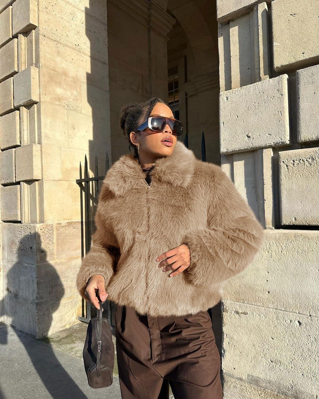 imageTankaneo Womens Cropped Faux Fur Jacket Shaggy Lapel Zip Up Winter Coats Fuzzy Warm OuterwearLight Khaki