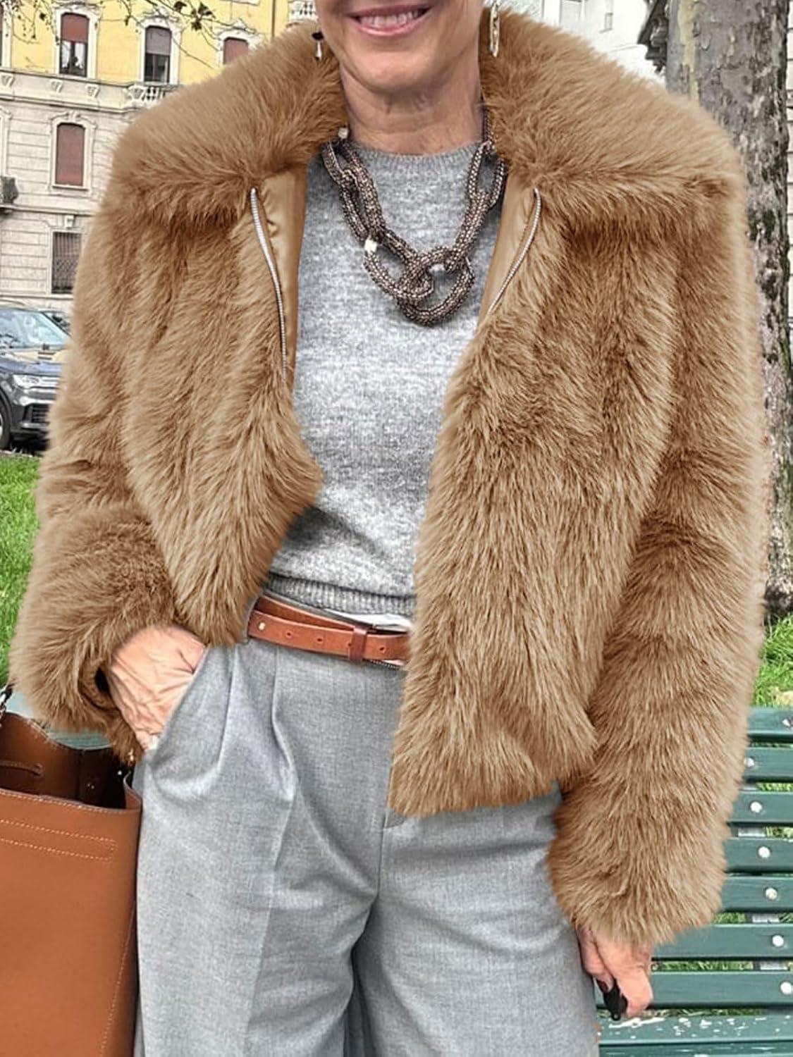 imageTankaneo Womens Cropped Faux Fur Jacket Shaggy Lapel Zip Up Winter Coats Fuzzy Warm OuterwearLight Khaki