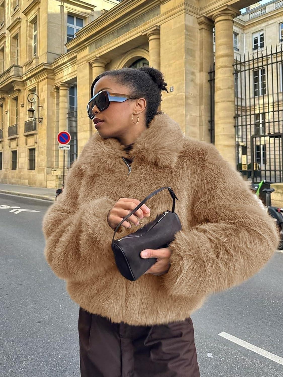 imageTankaneo Womens Cropped Faux Fur Jacket Shaggy Lapel Zip Up Winter Coats Fuzzy Warm OuterwearLight Khaki