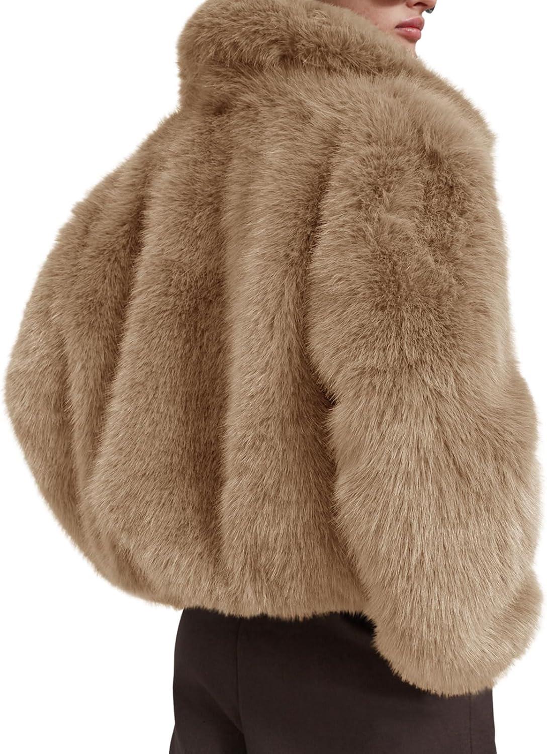 imageTankaneo Womens Cropped Faux Fur Jacket Shaggy Lapel Zip Up Winter Coats Fuzzy Warm OuterwearLight Khaki