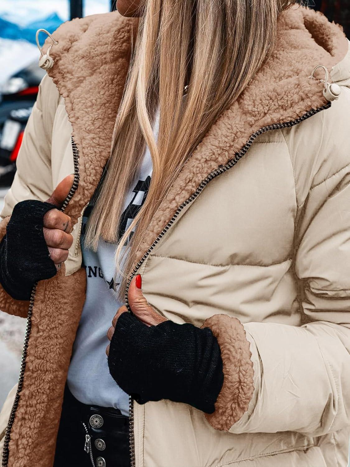 imageTankaneo Womens Reversible Puffer Jackets Sherpa Lined Fleece Winter Coats Casual Zip Up Hooded Warm Outerwear