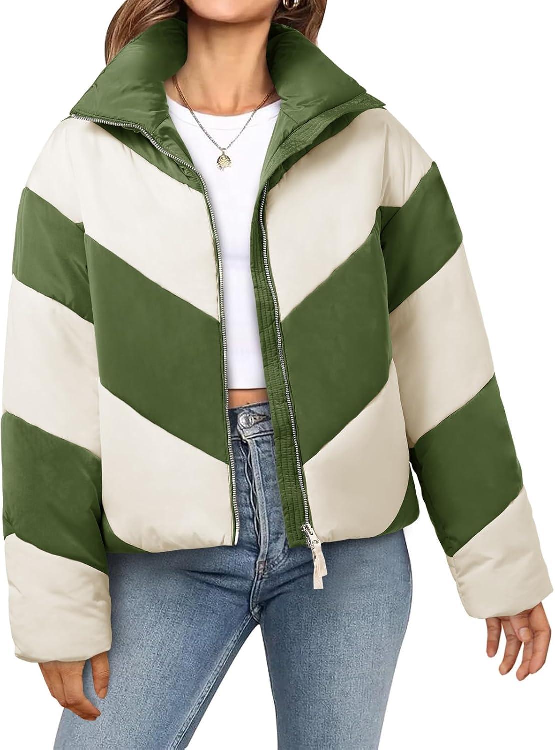 imageTankaneo Womens Winter Cropped Puffer Jacket Color Block Zip Up Puffy Down Coats Oversized OuterwearArmy Green