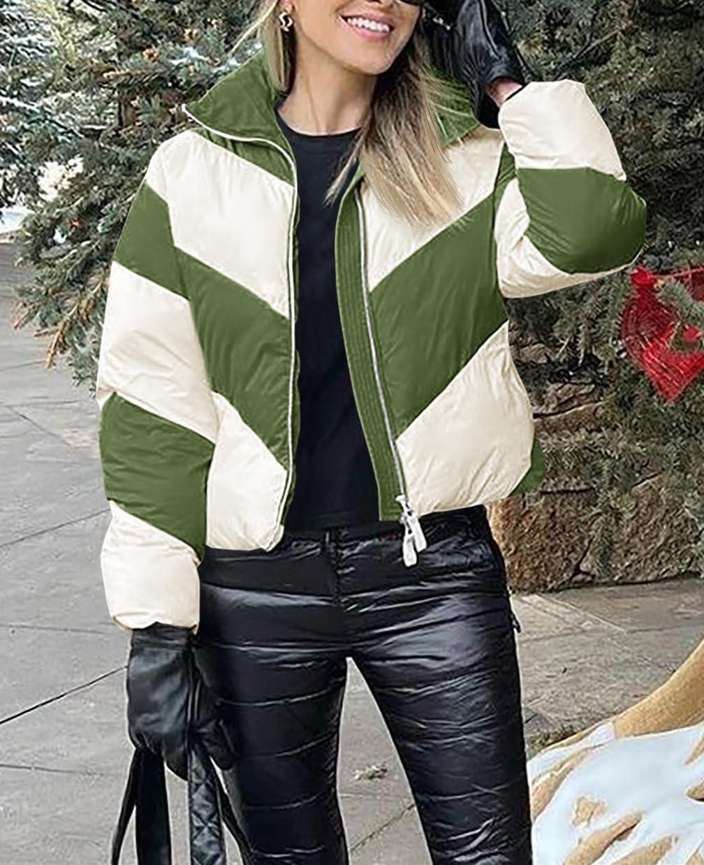 imageTankaneo Womens Winter Cropped Puffer Jacket Color Block Zip Up Puffy Down Coats Oversized OuterwearArmy Green