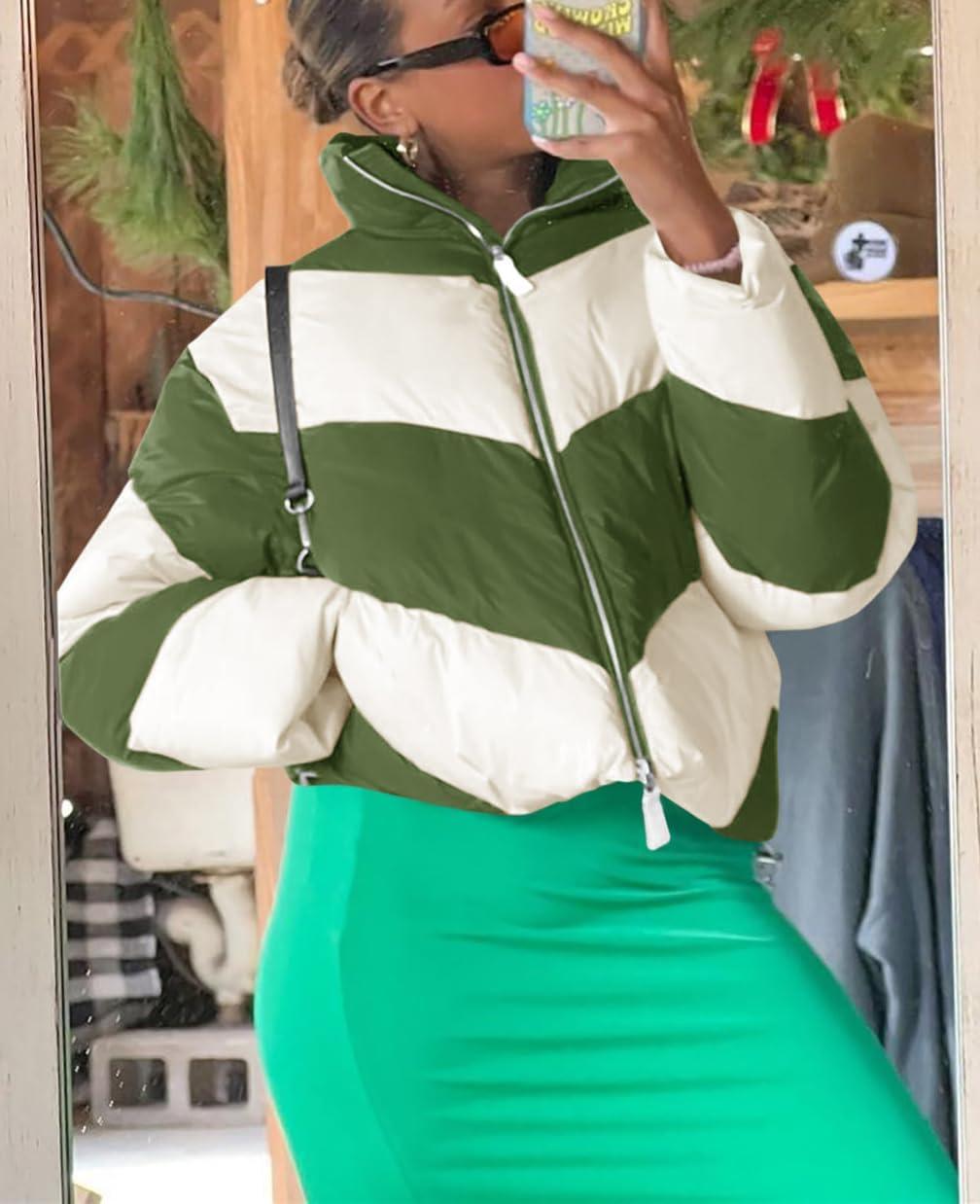 imageTankaneo Womens Winter Cropped Puffer Jacket Color Block Zip Up Puffy Down Coats Oversized OuterwearArmy Green