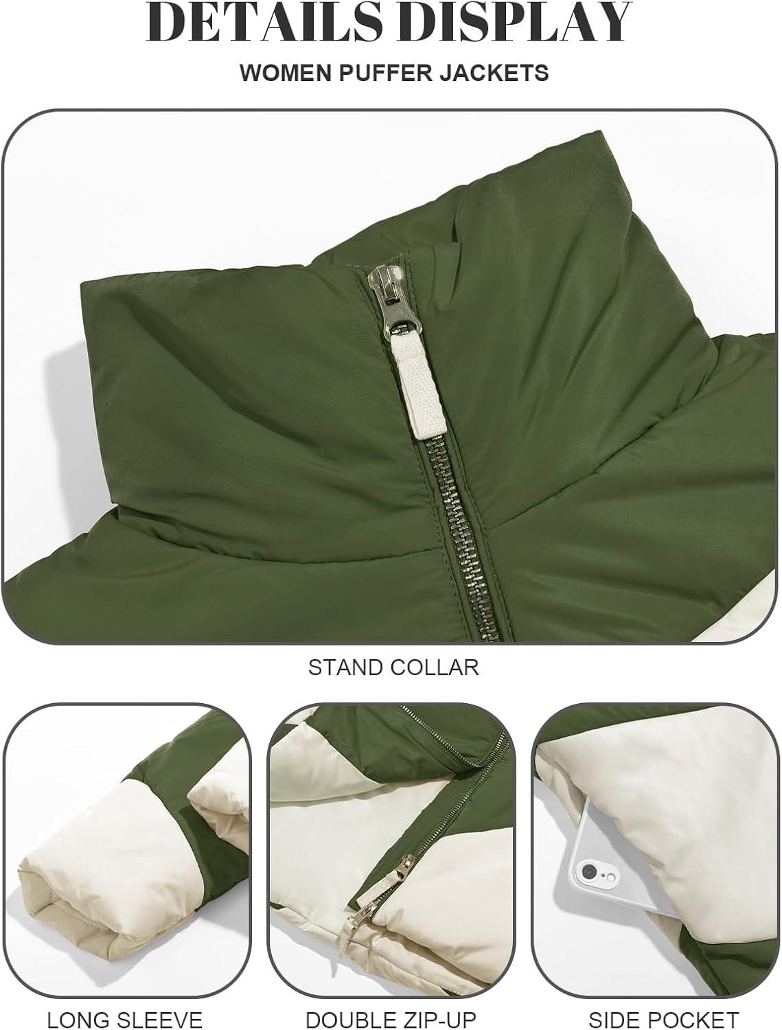 imageTankaneo Womens Winter Cropped Puffer Jacket Color Block Zip Up Puffy Down Coats Oversized OuterwearArmy Green