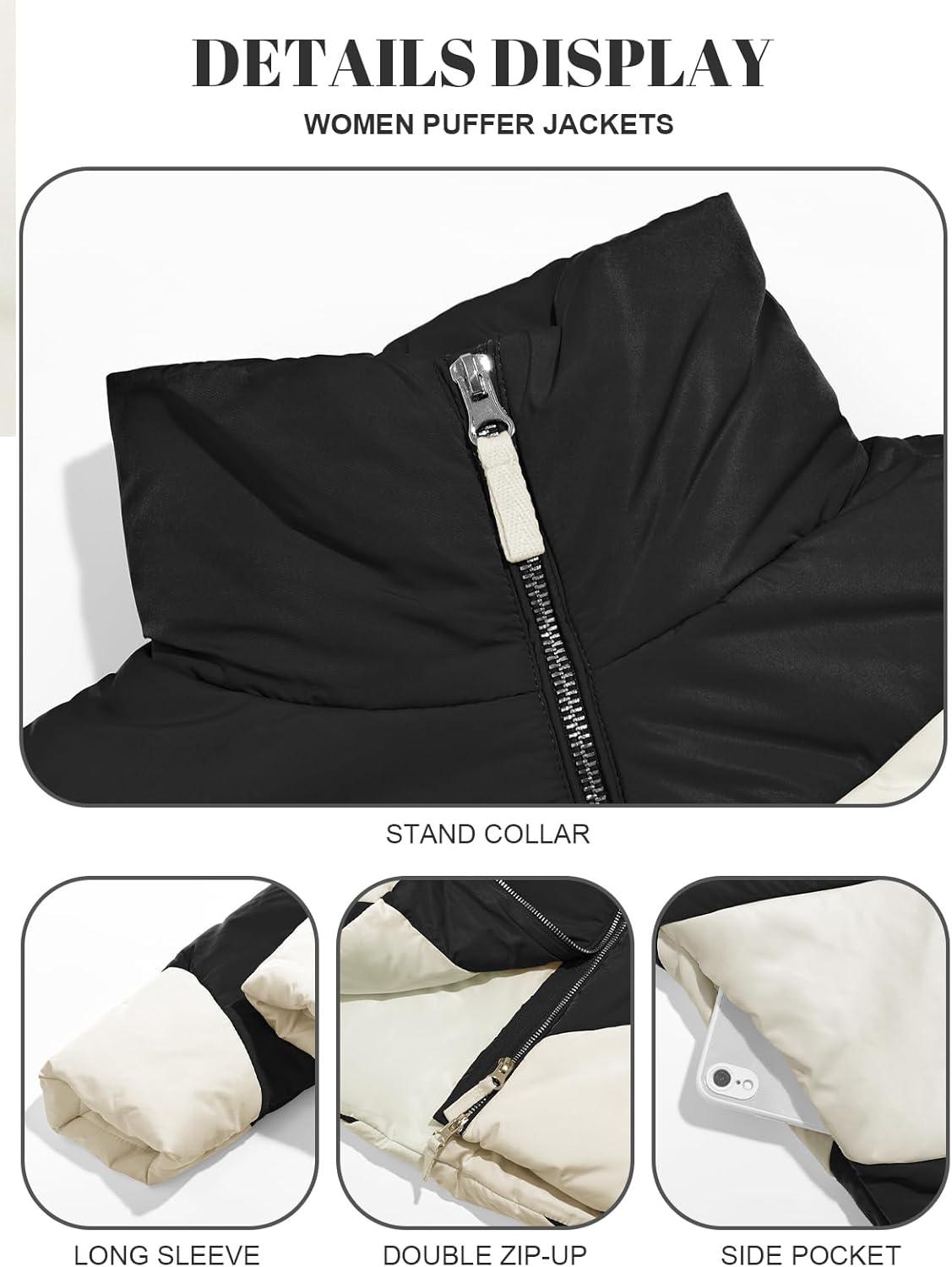 imageTankaneo Womens Winter Cropped Puffer Jacket Color Block Zip Up Puffy Down Coats Oversized OuterwearBlack