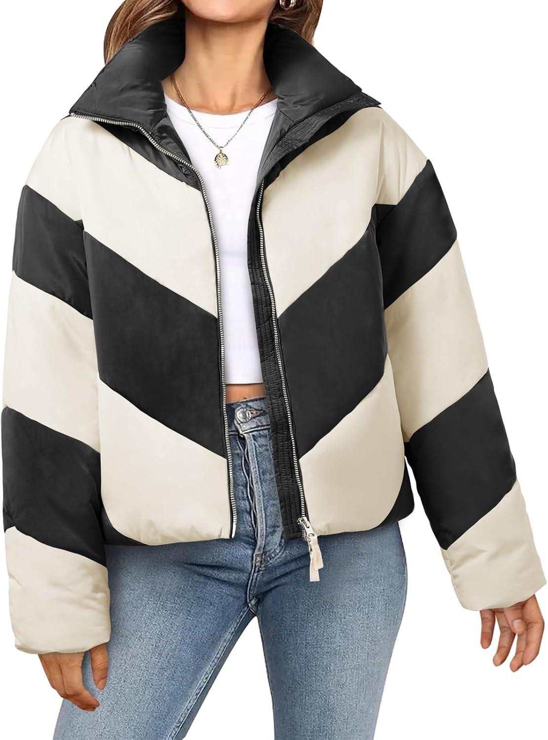 imageTankaneo Womens Winter Cropped Puffer Jacket Color Block Zip Up Puffy Down Coats Oversized OuterwearBlack